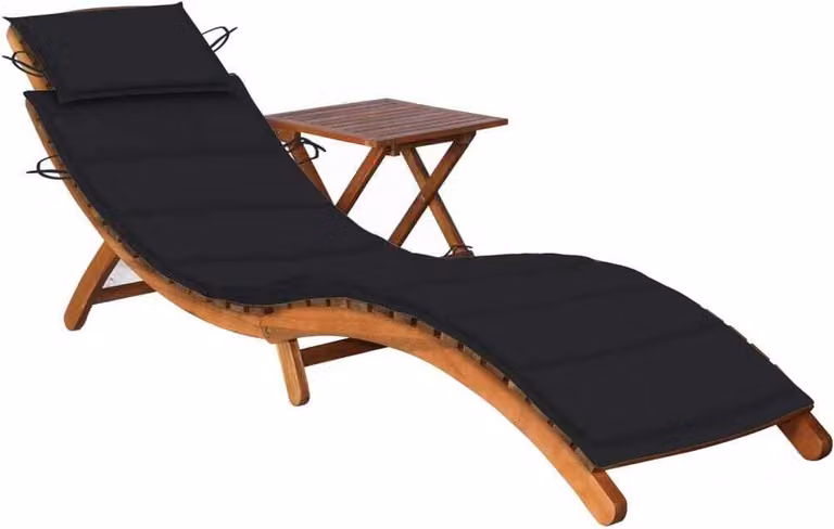 Tumbona de jardín Syfax de madera de acacia aceitada con mesa y cojín negro de poliéster resistente a los rayos UV