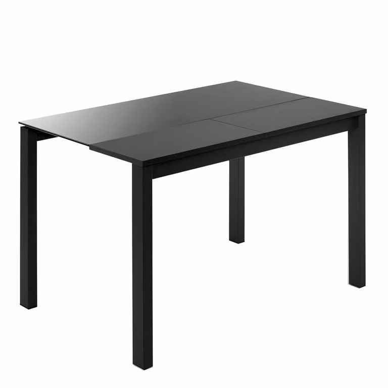 Mesa extensible Ginger de El Corte Inglés con sobre de cristal transparente y estructura negra de metal de diseño moderno y rectangular