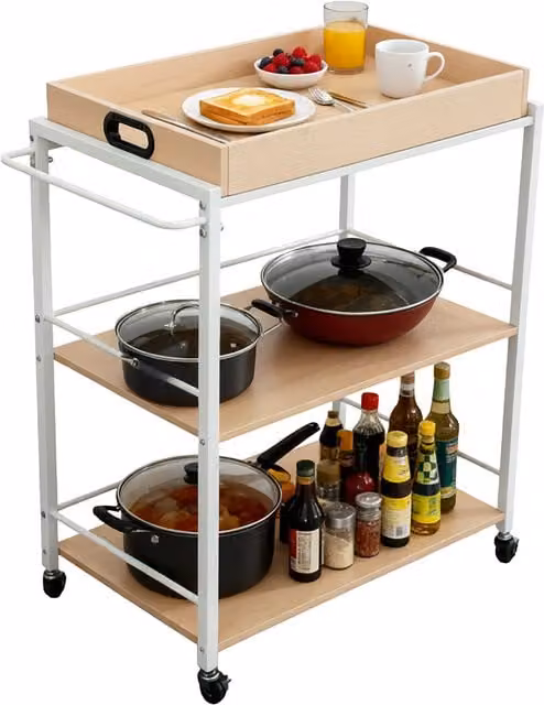 Carro de servicio de cocina industrial relaxdays con 3 niveles y bandeja extraíble, estilo escandinavo, marrón claro y blanco, An/P/Al: 88 x 70 x 40 cm
