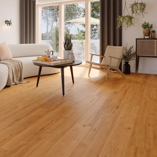 Suelo laminado con efecto madera Cooke & Lewis color beige y marrón resistente al agua de 8 mm