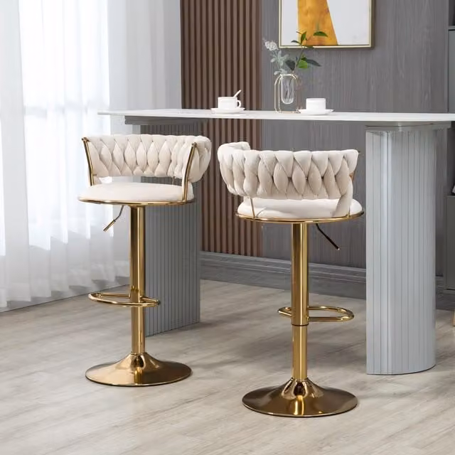 Set de 2 taburetes de bar LVHOM modernos con asiento de terciopelo, base de metal dorada, giro de 360 grados y altura regulable