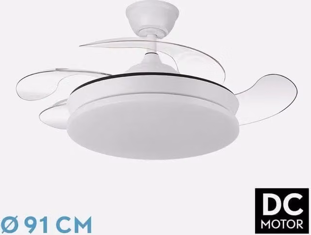 Ventilador de techo Fabrilamp Tridente Mini con mando a distancia, color blanco y transparente, 59W, Diámetro: 91 cm