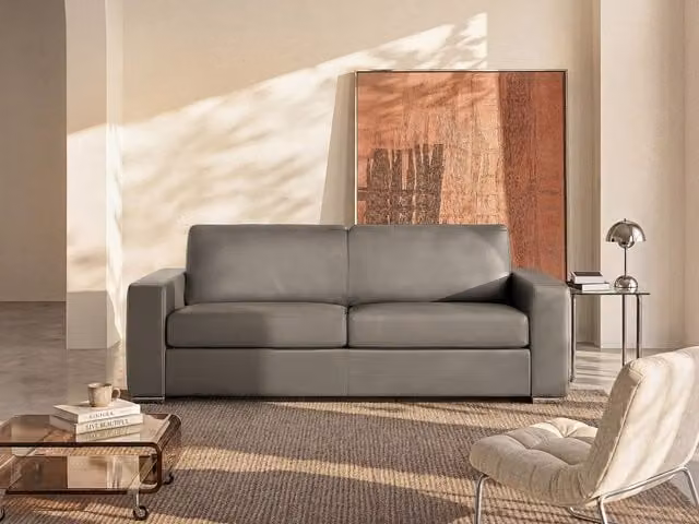 Sofá cama de 3 plazas Vente-Unique en piel, diseño moderno con función de cama y fundas extraíbles, An/P/Al: 223 x 194 x 116 cm