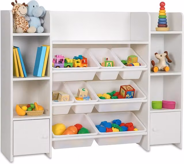 Estantería infantil Relaxdays con 8 cajas y 14 compartimentos, blanca, An/P/Al: 94 x 30 x 139 cm
