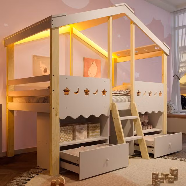 Cama alta infantil Mivray de madera de pino con estructura de casa, iluminación LED, estante integrado y 2 cajones en color blanco y natural, An/P/Al: 90 x 200 x 208 cm