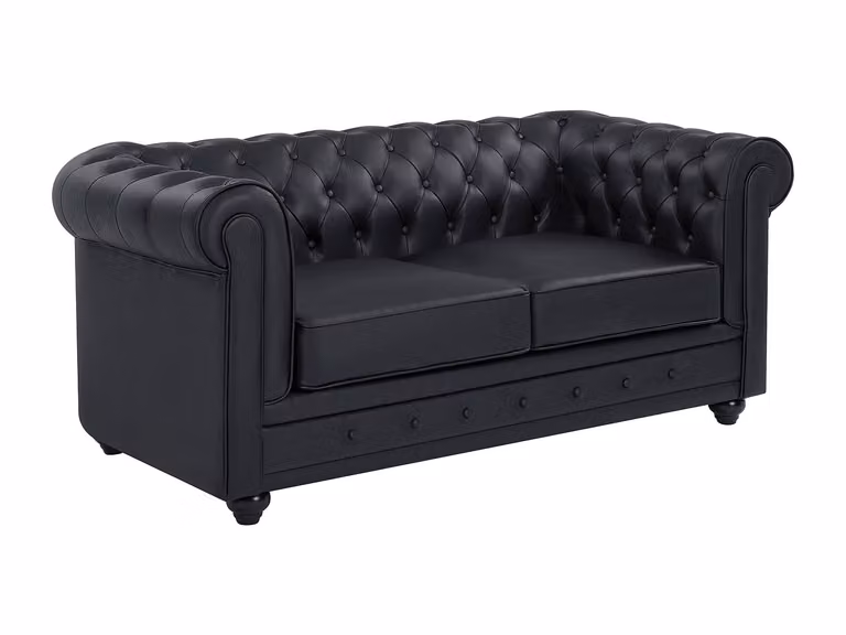 Sofá Chesterfield de 2 plazas VENTE-UNIQUE en cuero negro con estructura de madera sólida