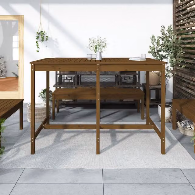Mesa de jardín Syfax de madera maciza de pino en color marrón, diseño rústico rectangular, An/P/Al: 159,5 x 82,5 x 110 cm