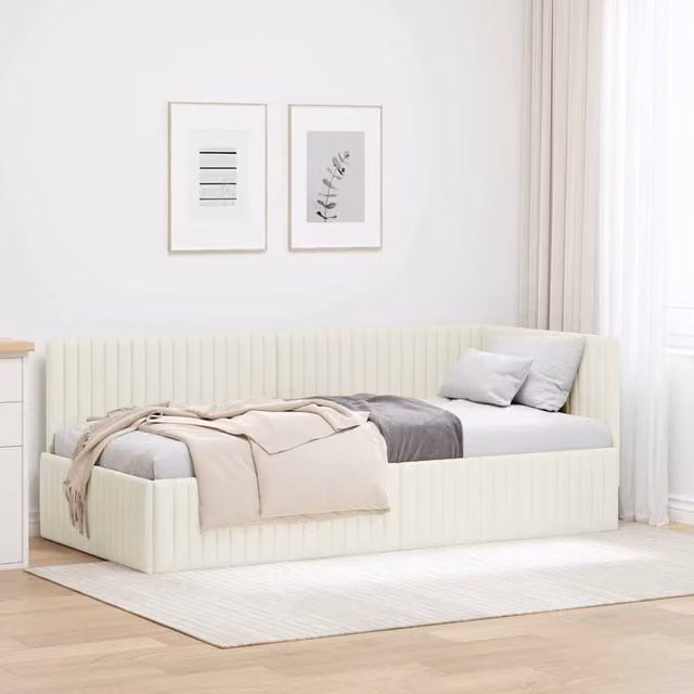Estructura de cama en esquina Maison Exclusive en terciopelo beige de 90 x 190 cm
