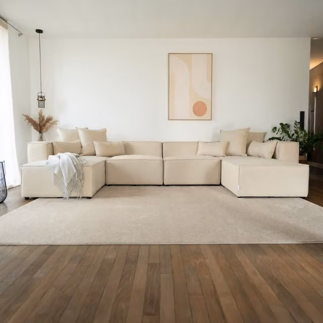 Sofá modular VERONA XXL de Home Deluxe en color beige con forma en U y tapizado de tela, An/P/Al: 414 x 207 cm