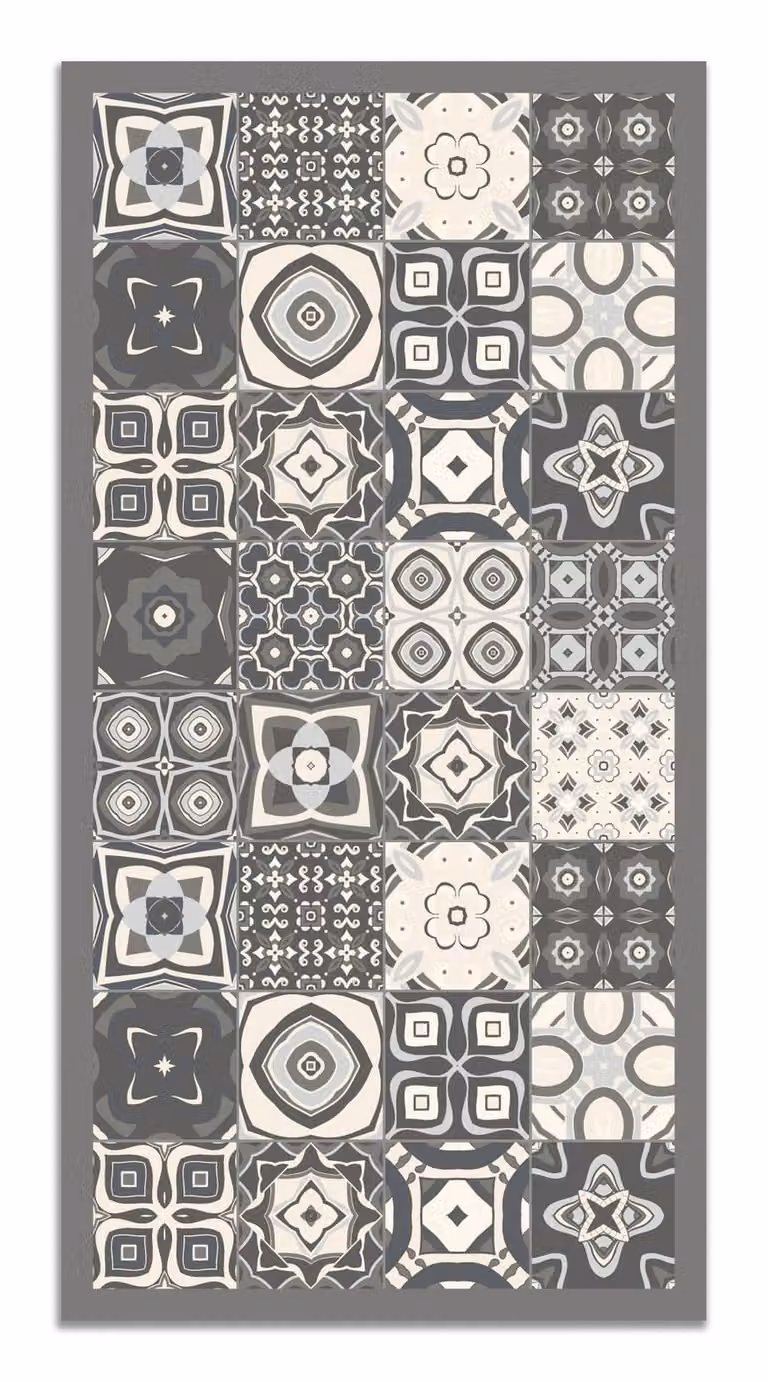 Alfombra de vinilo con diseño de baldosa hidráulica gris, modelo mosaico moderno, An/Al: 60 x 250 cm