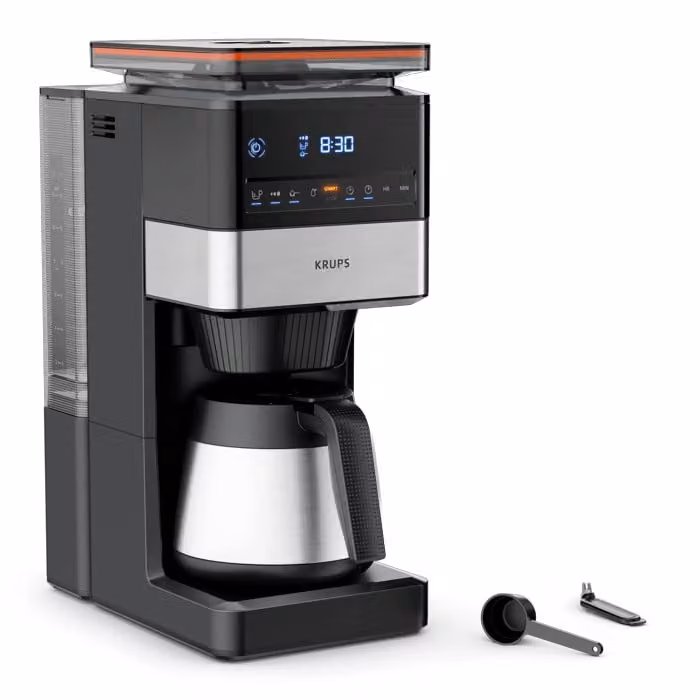 Cafetera de filtro Krups con jarra térmica, molinillo y depósito desmontable, color negro y plata