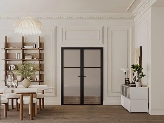 Bloque de puerta doble reversible Maseru de aluminio y vidrio ahumado en color negro, An: 93 cm, Al: 204 cm