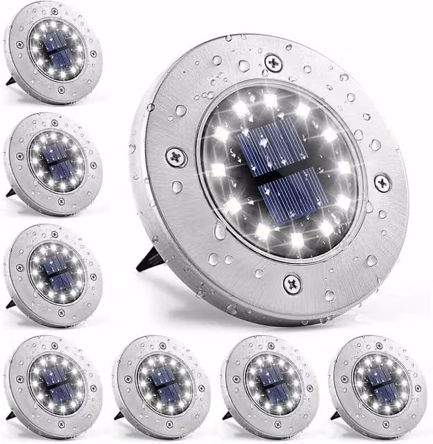 Pack de 8 lámparas solares LED ODIPIE en acero inoxidable color blanco y plata para jardín, terraza y camino de exterior con protección IP46