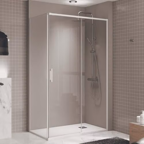 Mampara de ducha rectangular corredera B BAÑO TOTAL en vidrio transparente con perfil blanco, An/P/Al: 100 x 195 x 6 cm