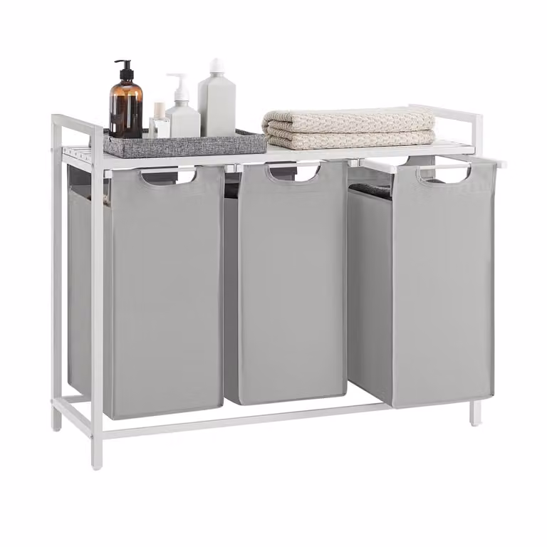 VASAGLE Cesto para ropa sucia de 120 L con estante y bolsas extraíbles, acero y textil, An/P/Al: 92,5 x 33 x 72 cm, gris y blanco