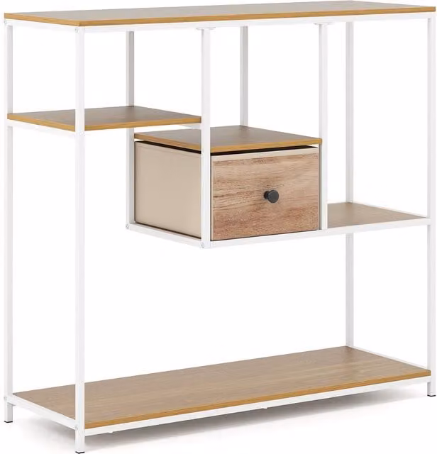 Consola NORTHIX con almacenamiento, cajón de tela y estantes, diseño industrial en blanco y multicolor, An/P/Al: 95 x 35 x 40 cm