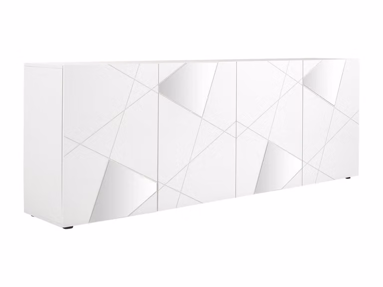 Aparador CANTIANO de 4 puertas con acabado en blanco lacado y superficie de espejo de estilo moderno