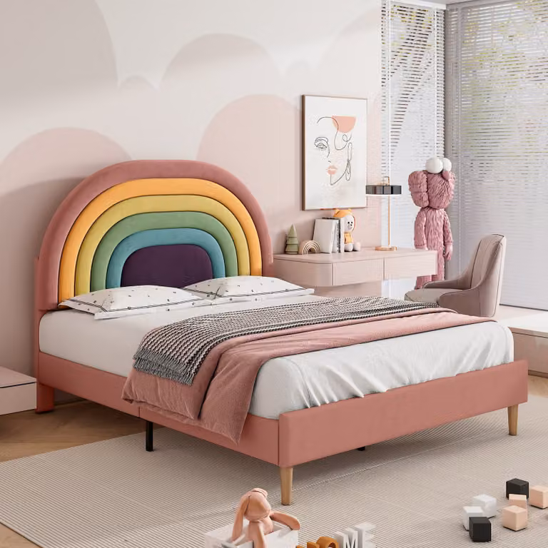 Cama juvenil Flieks de madera maciza con estructura tapizada en terciopelo y cabecero de arcoíris, color rosa, An/P/Al: 140 x 200 x 76,5 cm