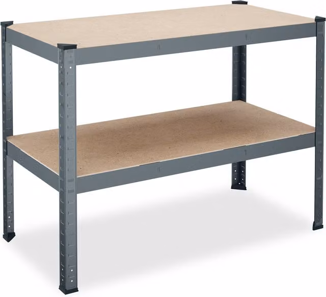Banco de trabajo para taller Relaxdays con 2 niveles regulables, carga de 150 kg, acero y madera, color antracita y natural, An/P/Al: 120 x 90 x 60 cm