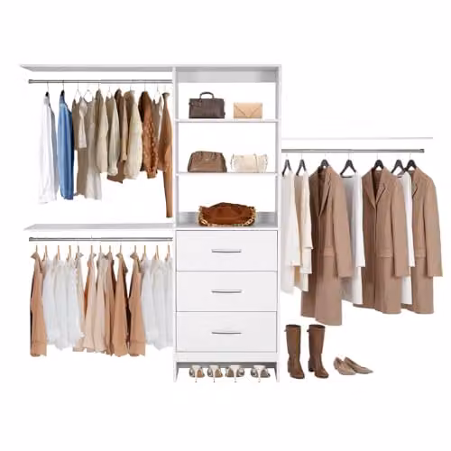 Organizador de armario VEVOR de madera con 3 cajones y barras para colgar, color blanco, An/P/Al: 243 x 40,5 x 190,4 cm