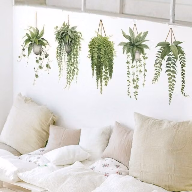 Cesta colgante de pared NEBELMEER con diseño floral y plantas botánicas en colores verde y blanco
