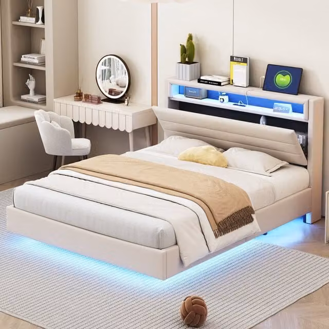 Cama tapizada Merax de 140 x 200 cm con iluminación LED, puerto de carga USB y compartimentos laterales en color beige