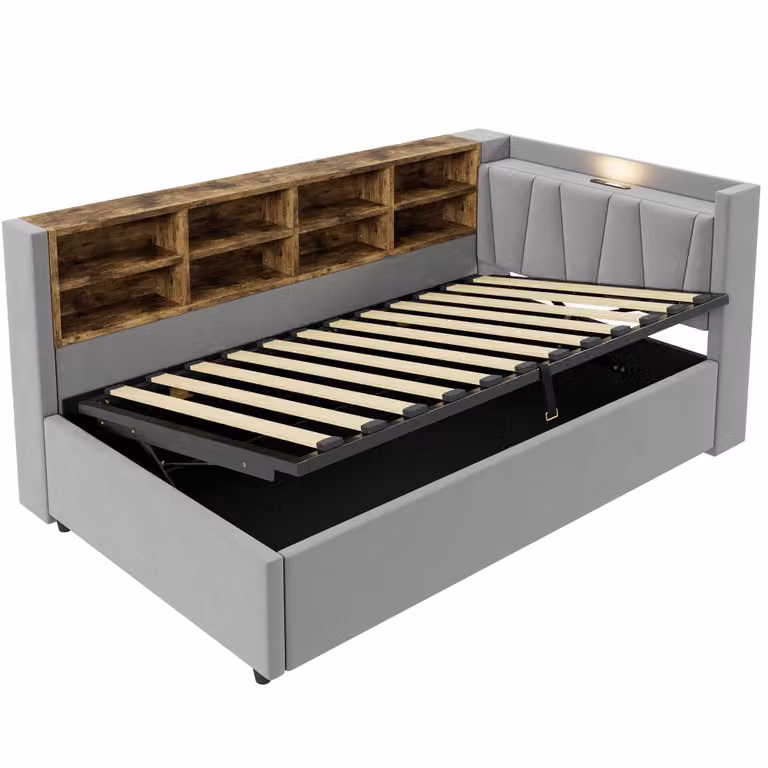 Cama infantil MODFU tapizada en terciopelo gris con almacenaje, luz de lectura y puerto USB, An/P/Al: 90 x 200 x 100,5 cm