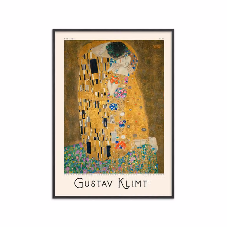 Póster con marco de Gustav Klimt - The Kiss, multicolor con marco negro, An/P: 30 x 40 cm