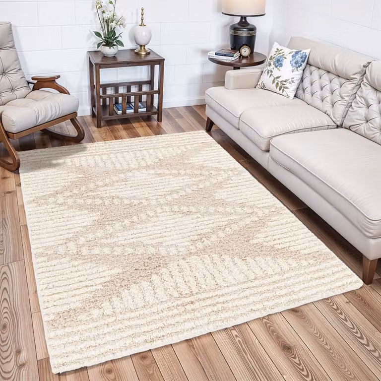 Alfombra shaggy bohemia Livabliss en blanco y beige con diseño geométrico, An/P: 160 x 220 cm