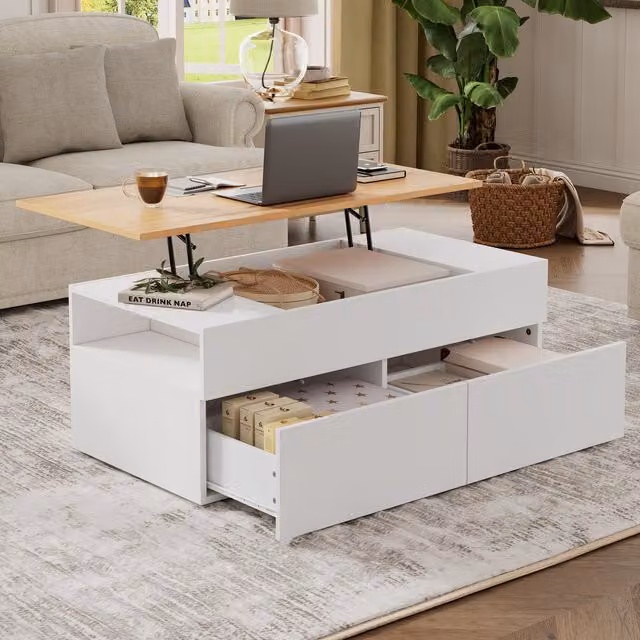 Mesa baja elevable MODFU de color blanco con almacenamiento oculto y 2 cajones, fabricada en paneles de partículas y MDF, An/P/Al: 100 x 50 x 40 cm