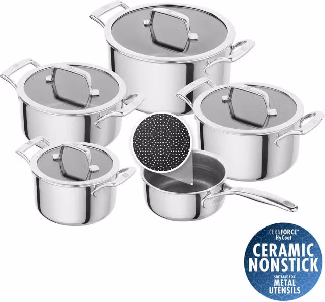 Batería de cocina Zwilling Peak de 5 piezas en acero inoxidable y antiadherente color plata con cazo y olla