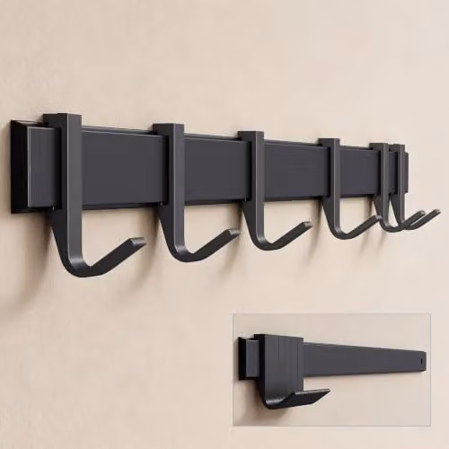 Perchero de pared doporro con 6 ganchos deslizables de aluminio en negro mate, Ancho: 60 cm