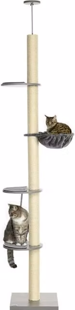 Rascador para gatos PawHut con hamaca y dispositivo de techo alto, Gris y Blanco Crema, An/P/Al: 40 x 40 x 250 cm