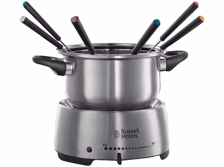 Fondue Eléctrica Russell Hobbs Fiesta en Acero Inoxidable con 6 Tenedores, Capacidad de 2 L, Color Plata y Negro