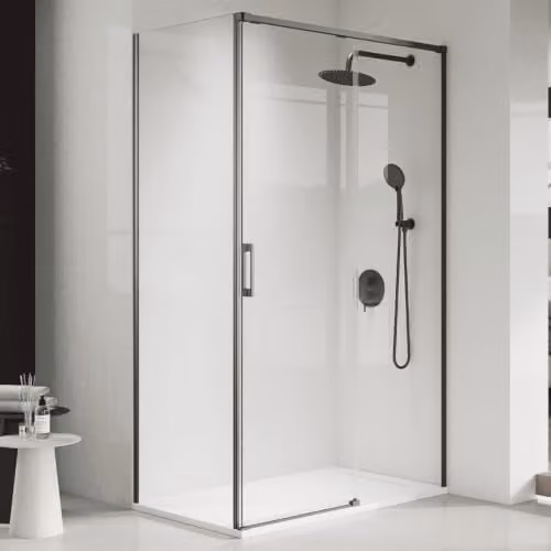 Mampara de ducha rectangular corredera B Baño Total con vidrio templado de 6 mm transparente y perfil Gun Metal, An/P/Al: 155 x 90 x 195 cm