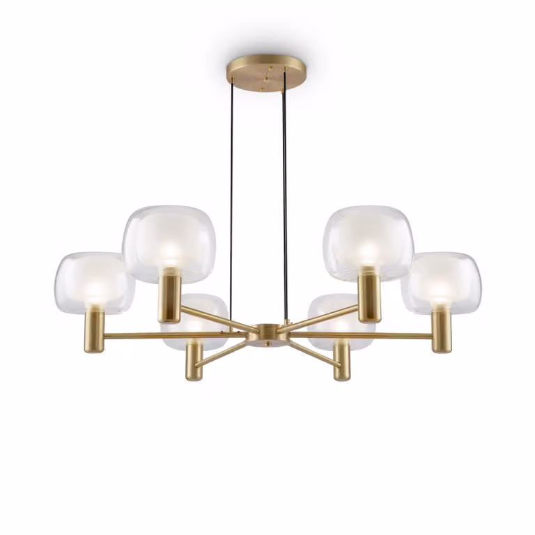 Lámpara colgante Maytoni Vision en color dorado y cristal transparente con 6 bombillas E14 y altura ajustable