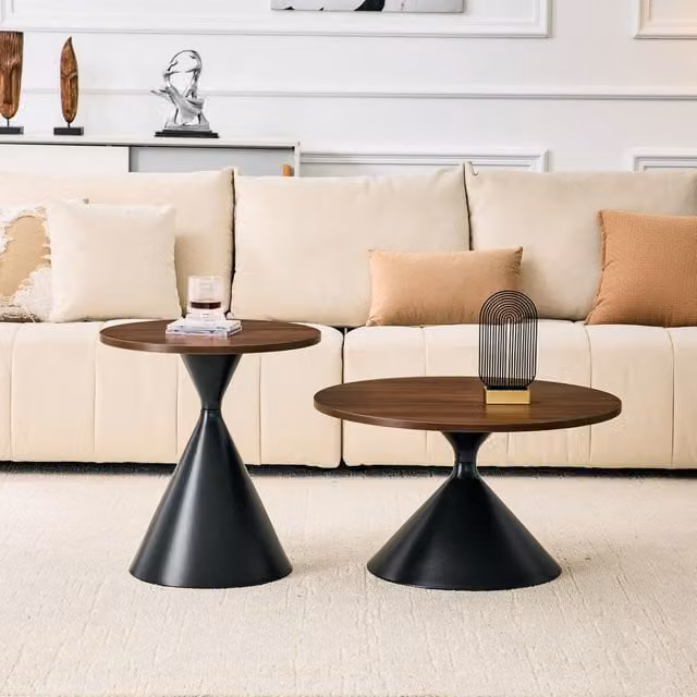Lote de 2 mesas bajas encajables DREAMMESPACE con diseño de reloj de arena en nogal y negro, Diámetro: 70 cm y Diámetro: 50 cm