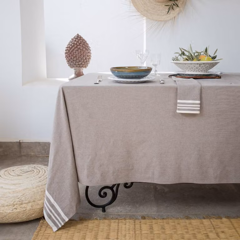 Mantel de algodón Febronie con diseño de rayas en color topo, An: 150 cm, Al: 250 cm