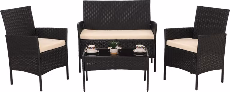 Juego de muebles de jardín Mendler de polirratán con estructura de metal y superficie de vidrio, incluye sofá de 2 plazas, sillón lounge, mesa de centro y cojines, color antracita y beige