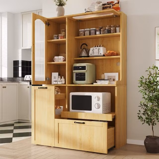 Aparador de cocina MODFU en MDF con puertas de cristal y estantes internos, An/P/Al: 98 x 40 x 177 cm