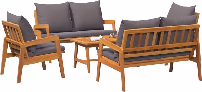 Conjunto bistro de 5 piezas Syfax de madera de acacia sólida en color marrón con cojines para jardín o terraza