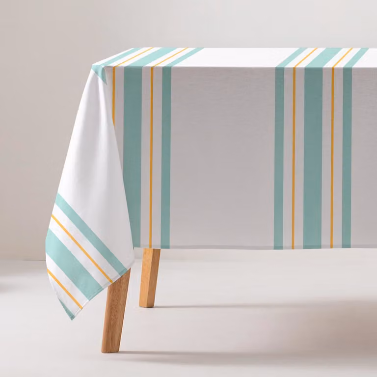 Mantel Gamusi de algodón antimanchas con estampado de rayas en colores azul, verde y blanco, An/P/Al: 160 x 300 cm