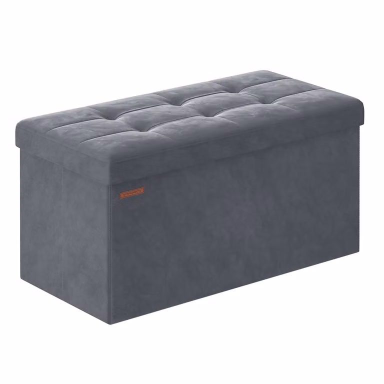 SONGMICS Puff de Almacenaje Plegable de Terciopelo con 2 Cajas, Banco y Reposapiés, Gris Pizarra, An/P/Al: 76 x 38 x 38 cm