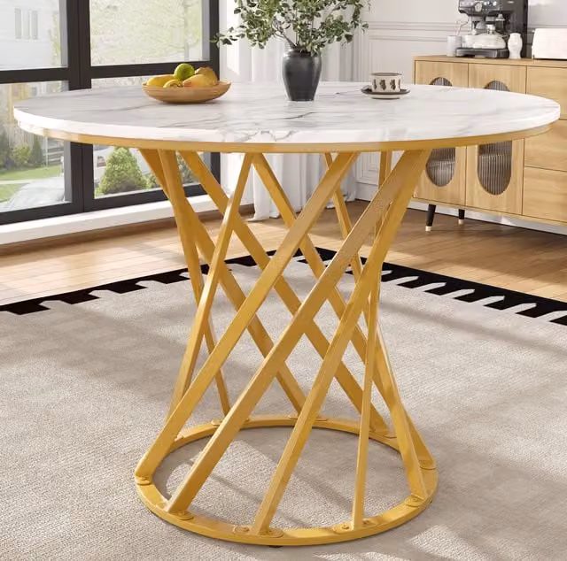 Mesa redonda moderna BEAOK de MDF blanco brillante y patas de metal doradas An/P/Al: 80 x 80 x 76 cm
