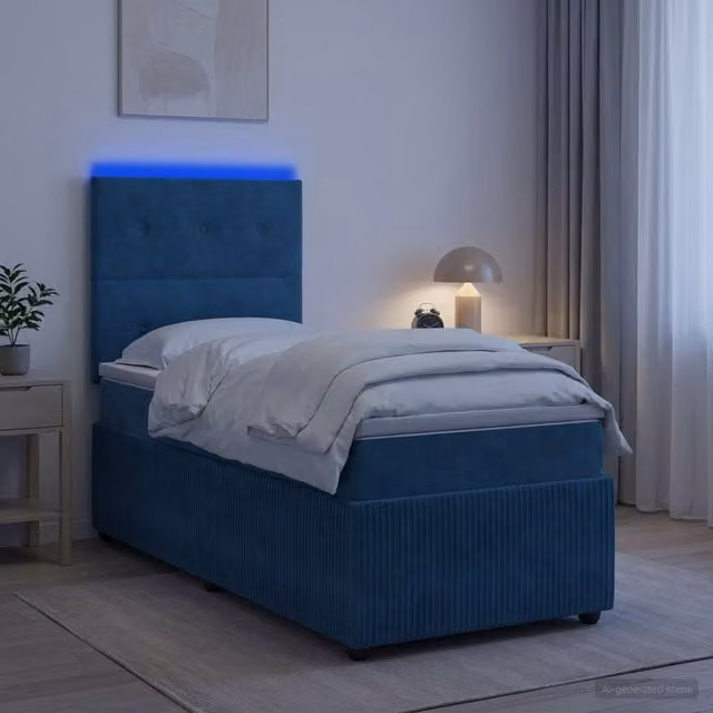 Cama de muelles Maison Exclusive con colchón híbrido, iluminación LED y puerto USB en terciopelo azul, An/P/Al: 100 x 200 x 140,5 cm