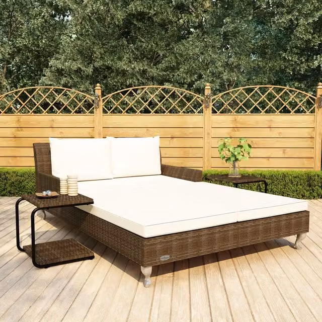 Tumbona doble de jardín vidaXL en ratán y metal con cojines marrón y blanco
