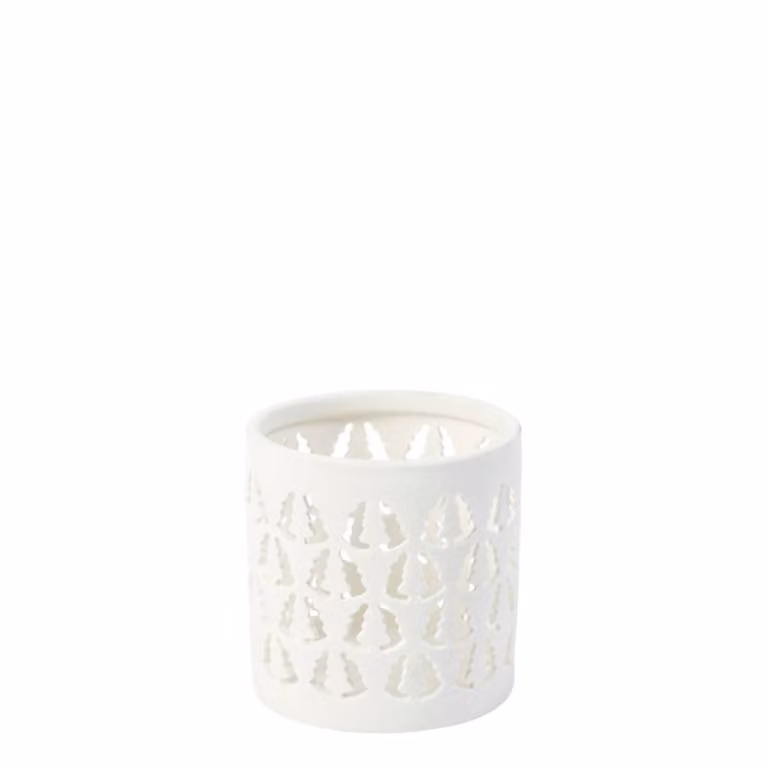 Portavelas decorativo de cerámica Sia Deco blanco con diseño floral y estilo minimalista para mesa, Altura: 7 cm