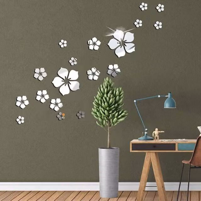Set de 18 pegatinas de pared florales XISRENS con efecto espejo en colores negro y plata para decoración moderna de salón o dormitorio