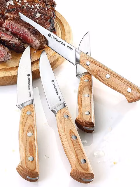 Juego de 4 cuchillos para carne Zassenhaus de acero inoxidable y madera de pakka marrón con bandeja para cajón