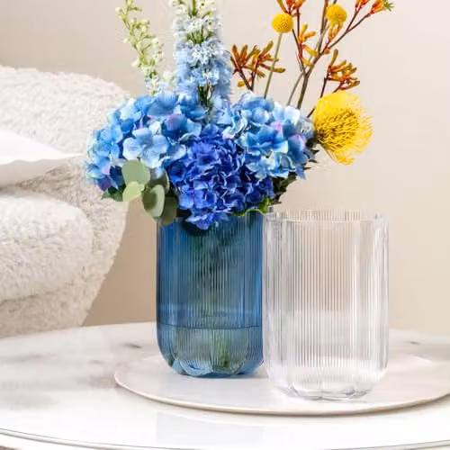 Jarrón decorativo de vidrio soplado Villeroy & Boch Fleur transparente con diseño floral para mesa, Altura: 22,5 cm, Diámetro: 22 cm